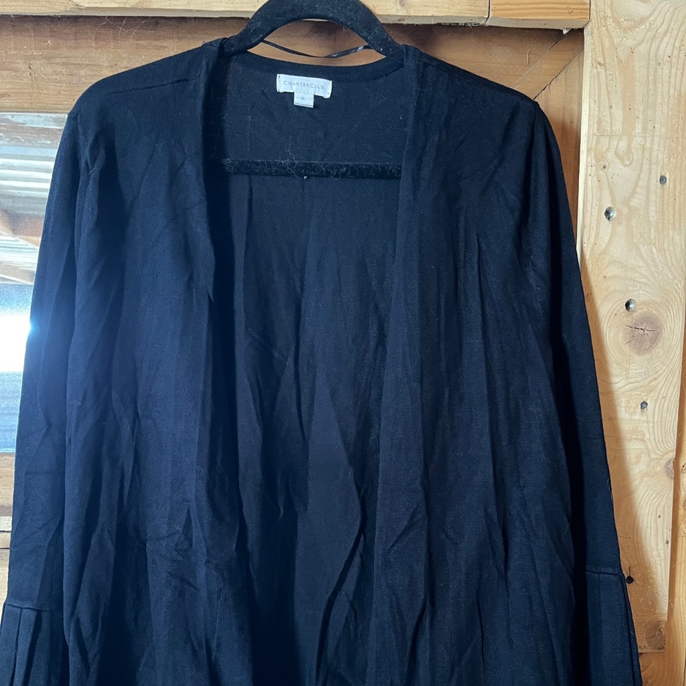 Charter Club Black Cardigan with Ivory Sleeve Accents